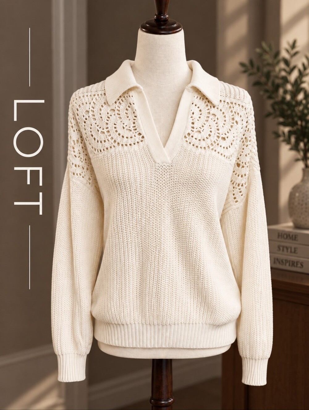 LOFT Ivory Crochet Lace Polo Sweater – Size Large – New With Tags